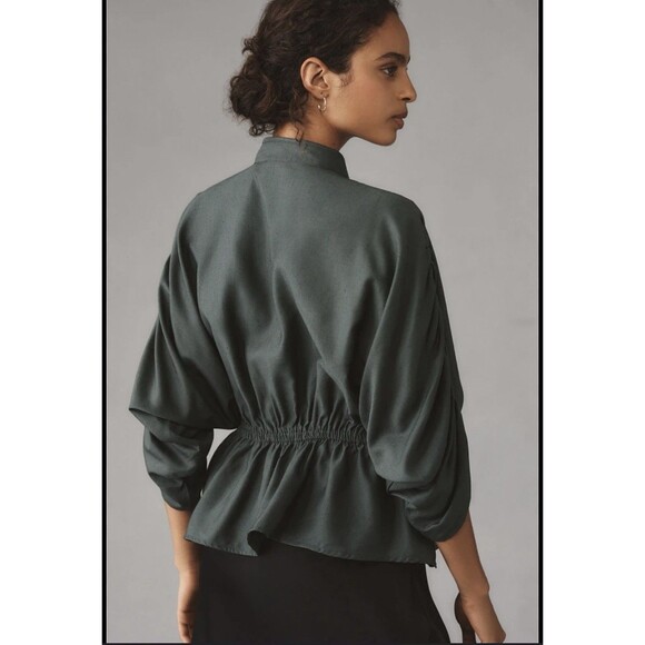 Anthropologie Maeve Short Sleeve Ruched Peplum Blouse Sz XL Green - Picture 2 of 5